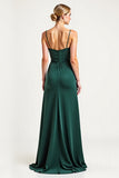 Dark Green Cowl Neck Satin Sheath Bridesmaid Dress with Slit