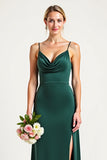 Dark Green Cowl Neck Satin Sheath Bridesmaid Dress with Slit