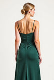 Dark Green Cowl Neck Satin Sheath Bridesmaid Dress with Slit