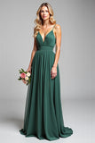 Chiffon Dark Green Spaghetti Straps A Line Long Bridesmaid Dress