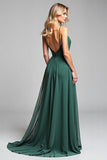 Chiffon Dark Green Spaghetti Straps A Line Long Bridesmaid Dress