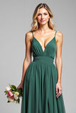 Chiffon Dark Green Spaghetti Straps A Line Long Bridesmaid Dress