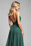 Chiffon Dark Green Spaghetti Straps A Line Long Bridesmaid Dress