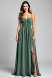 Eucalyptus A Line Spaghetti Straps Ruched Bridesmaid Dress with Slit