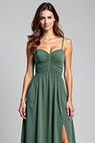 Eucalyptus A Line Spaghetti Straps Ruched Bridesmaid Dress with Slit