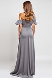 Off The Shoulder Grey Ruffled Sheath Bridesmaid Dress