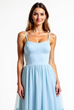 A Line Sky Blue Spaghetti Straps Chiffon Ruched Bridesmaid Dress