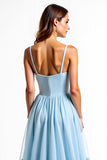 A Line Sky Blue Spaghetti Straps Chiffon Ruched Bridesmaid Dress