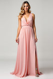 A Line Blush Pink Deep V-Neck Chiffon Bridesmaid Dress