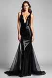 Mermaid Deep V-Neck Black Tie Dress with Slit