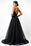 A Line Spaghetti Straps Sequin Ruched Black Tie Dress