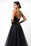 A Line Spaghetti Straps Sequin Ruched Black Tie Dress