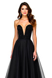 Sparkly A Line Strapless Ruched Black Tie Dress