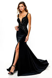 Mermaid V-Neck Sequined Black Tie Dress with Slit