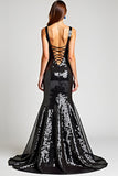 Sparkly Mermaid V-Neck Black Tie Dress with Lace Up Back