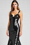 Sparkly Mermaid V-Neck Black Tie Dress with Lace Up Back