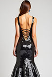 Sparkly Mermaid V-Neck Black Tie Dress with Lace Up Back