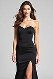 Mermaid Strapless Black Tie Dress With Slit