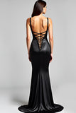 Mermaid Spaghetti Straps Sequined Black Tie Dress with Lace Up Back