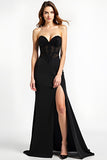 Strapless Sheath Beaded Black Tie Dress With Slit