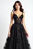 A Line Spaghetti Straps Appliqued Corset Black Tie Dress