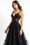 A Line Spaghetti Straps Appliqued Corset Black Tie Dress