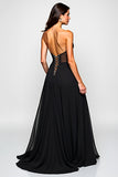 Sparkly A Line Deep V Neck Ruched Black Tie Dress with Slit