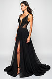 Sparkly A Line Deep V Neck Ruched Black Tie Dress with Slit