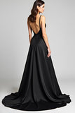 Spaghetti Straps A Line Satin Black Tie Dress with Slit