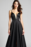 Spaghetti Straps A Line Satin Black Tie Dress with Slit