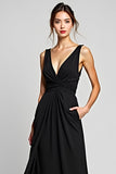 A Line Pleated Deep V Neck Black Tie Dress