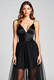 A Line Tulle Spaghetti Straps Black Tie Dress