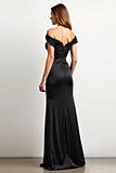 Off the Shoulder Mermaid Satin Pleated Black Tie Dress