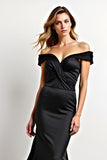 Off the Shoulder Mermaid Satin Pleated Black Tie Dress