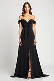 Sheath Off the Shoulder Bowknot Black Tie Dress with Slit