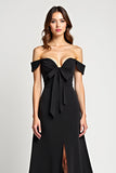 Sheath Off the Shoulder Bowknot Black Tie Dress with Slit