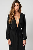 Deep V Neck Long Sleeves Sheath Black Tie Dress