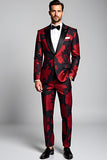 Peak Lapel Dark Red 2 Pieces Floral Printed Men's Suits