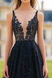 Black A Line Deep V-Neck Tulle Lace Prom Dress