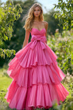 Pink A Line Strapless Tiered Ruffled Taffeta Prom Dress