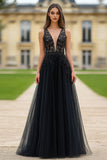 A Line Black Deep V-Neck Tulle Prom Dress