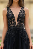 A Line Black Deep V-Neck Tulle Prom Dress