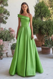 Green Satin One Shoulder A-Line Long Formal Dress