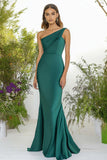 Dark Green One Shoulder Matte Satin Mermaid Long Formal Dress