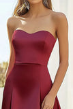 Burgundy Satin Sweetheart A-Line Tea Length Formal Dress