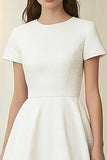 Ivory Jacquard Round Neck A-Line Midi Formal Dress with Short Sleeves