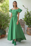 Green Taffeta Square Neck A-Line Ankle Length Formal Dress with Cape Sleeves