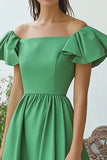 Green Taffeta Square Neck A-Line Ankle Length Formal Dress with Cape Sleeves