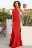 Red Matte Satin Halter Sheath Long Formal Dress