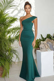 Dark Green One Shoulder Matte Satin Mermaid Long Formal Dress